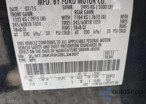 2016 Lincoln Mkx Select z USA, uszkodzony, nr VIN 2LMTJ6KR9GBL24307